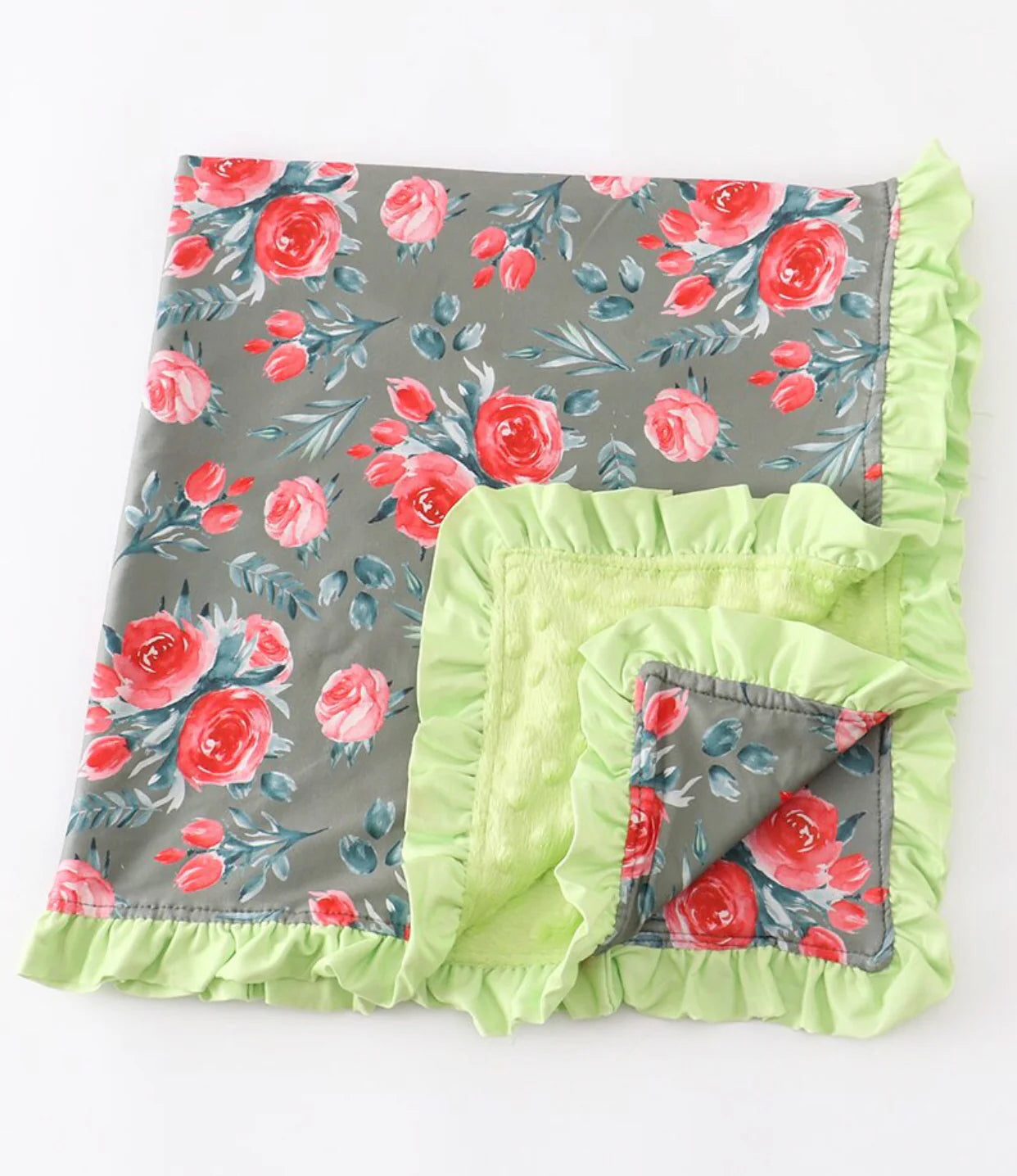 Green & Grey Floral Minky Blanket