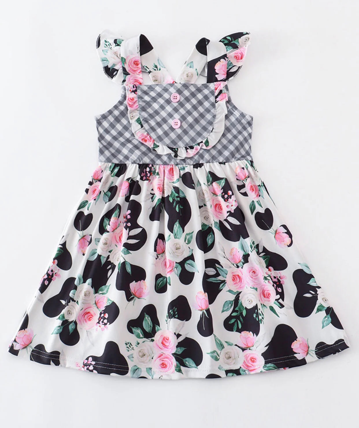 Grey Plaid & Floral Cow Print Dress