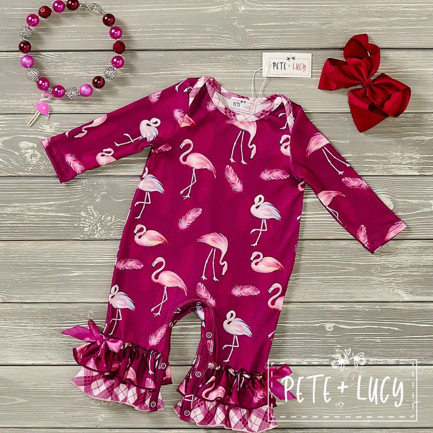 Pete & Lucy Plaid Flamingos Romper