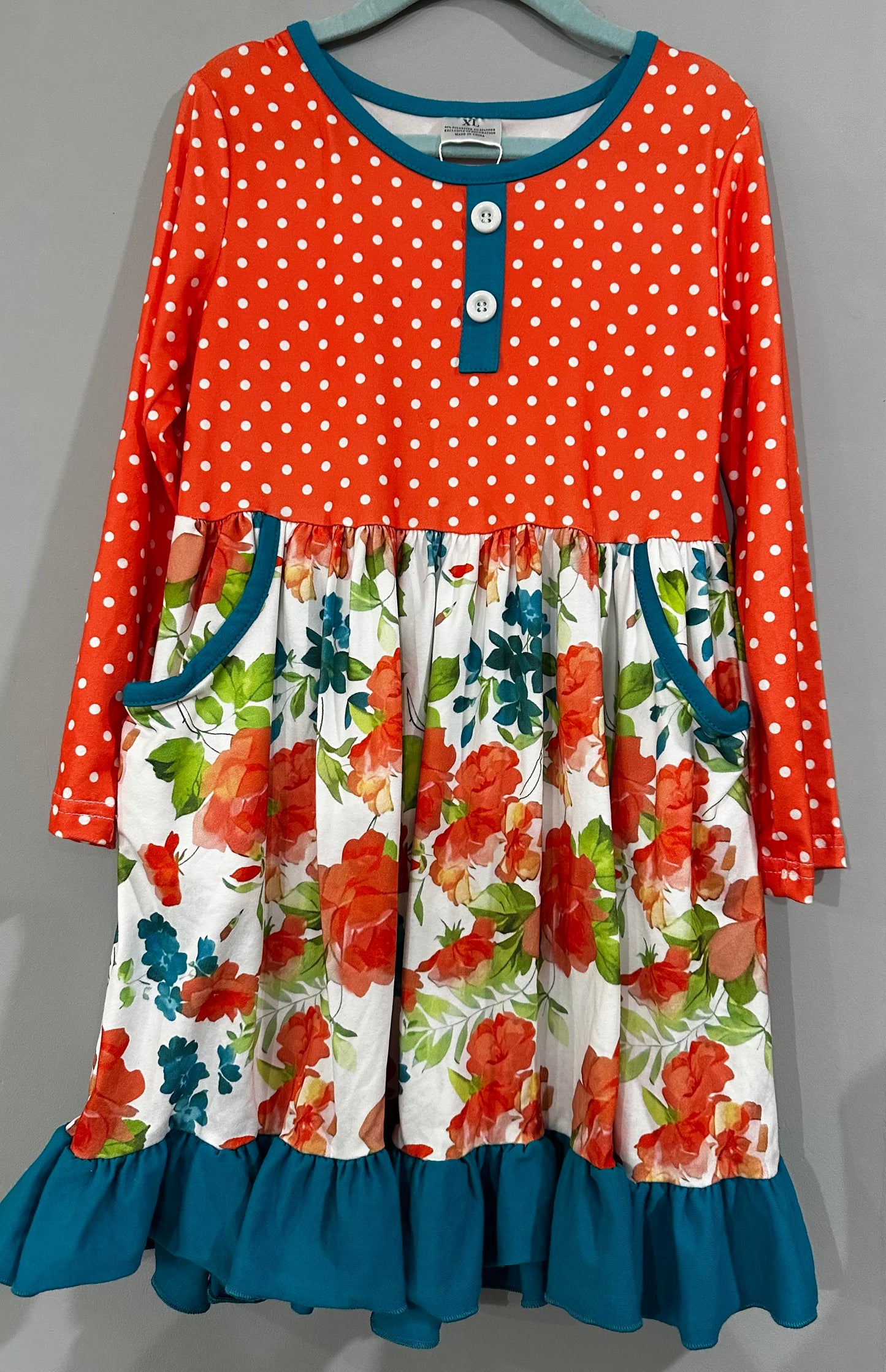 Orange & Teal Floral Ruffled Dress